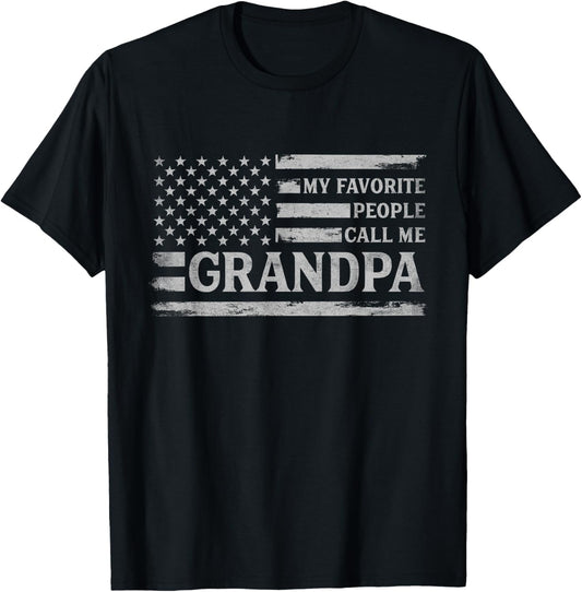 My Favorite People Call Me Grandpa Fathers Day Grey USA Flag T-Shirt - T-Shirt | Black