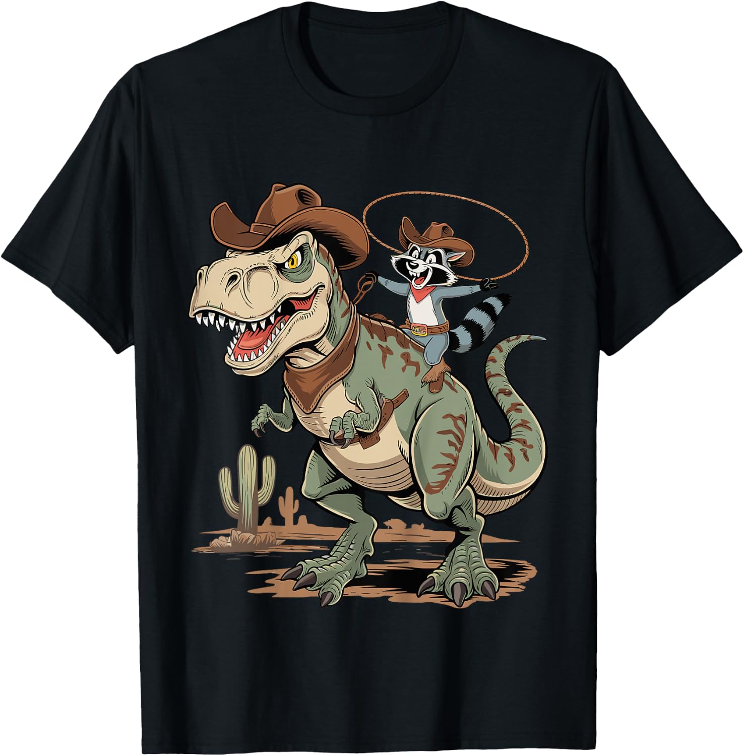 Kids Kids Raccoon Cowboy Riding T-Rex Trash Panda Western Country T-Shirt - T-Shirt | Black