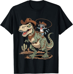 Kids Kids Raccoon Cowboy Riding T-Rex Trash Panda Western Country T-Shirt - T-Shirt | Black