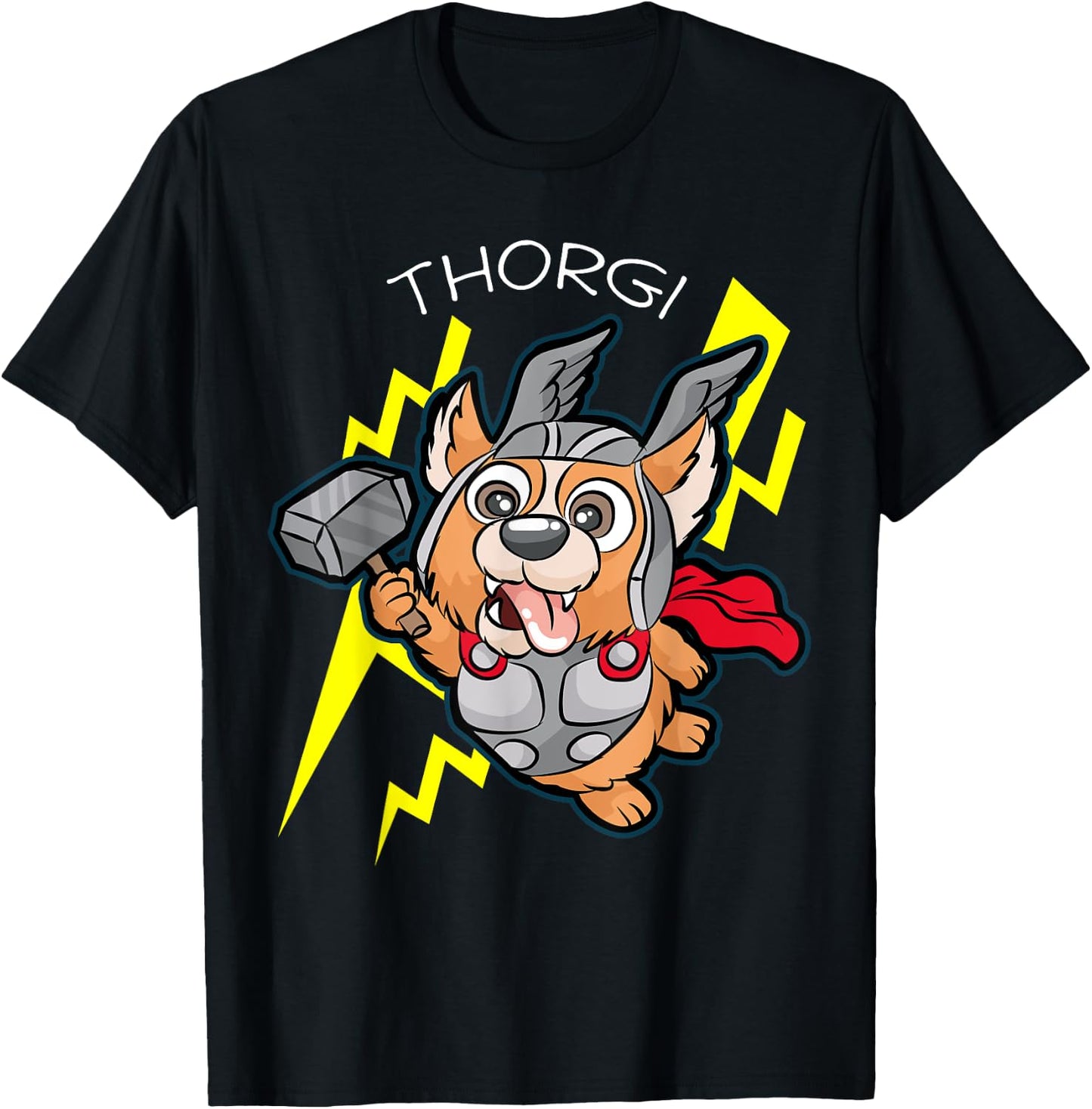 Thorgi | Corgi Thor Thunder Lightning Cartoon Gift T-Shirt - T-Shirt | Black