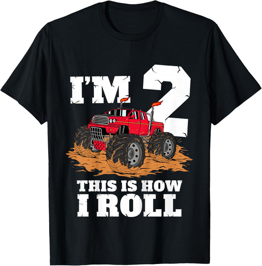 Kids Monster Truck 2nd Birthday Boy 2 Two Year Old Toddler T-Shirt - T-Shirt | Black