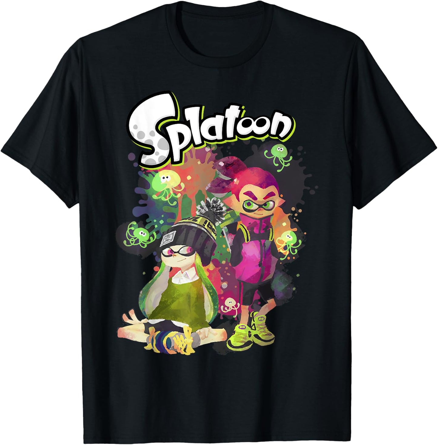 Splatoon Inkling Duo Paint Splatter Poster T-Shirt - T-Shirt | Black