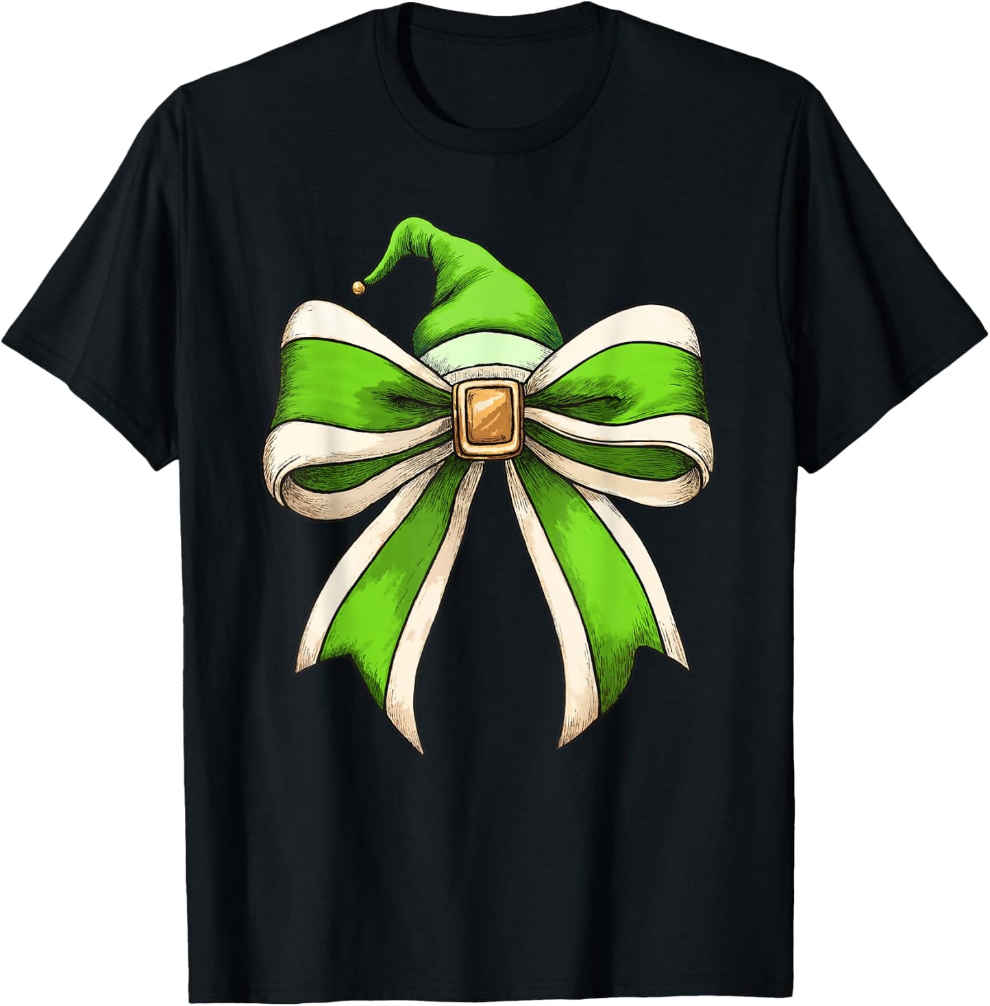 Coquette Christmas Bow Girls Women Holiday Ribbon Green Elf T-Shirt - T-Shirt | Black
