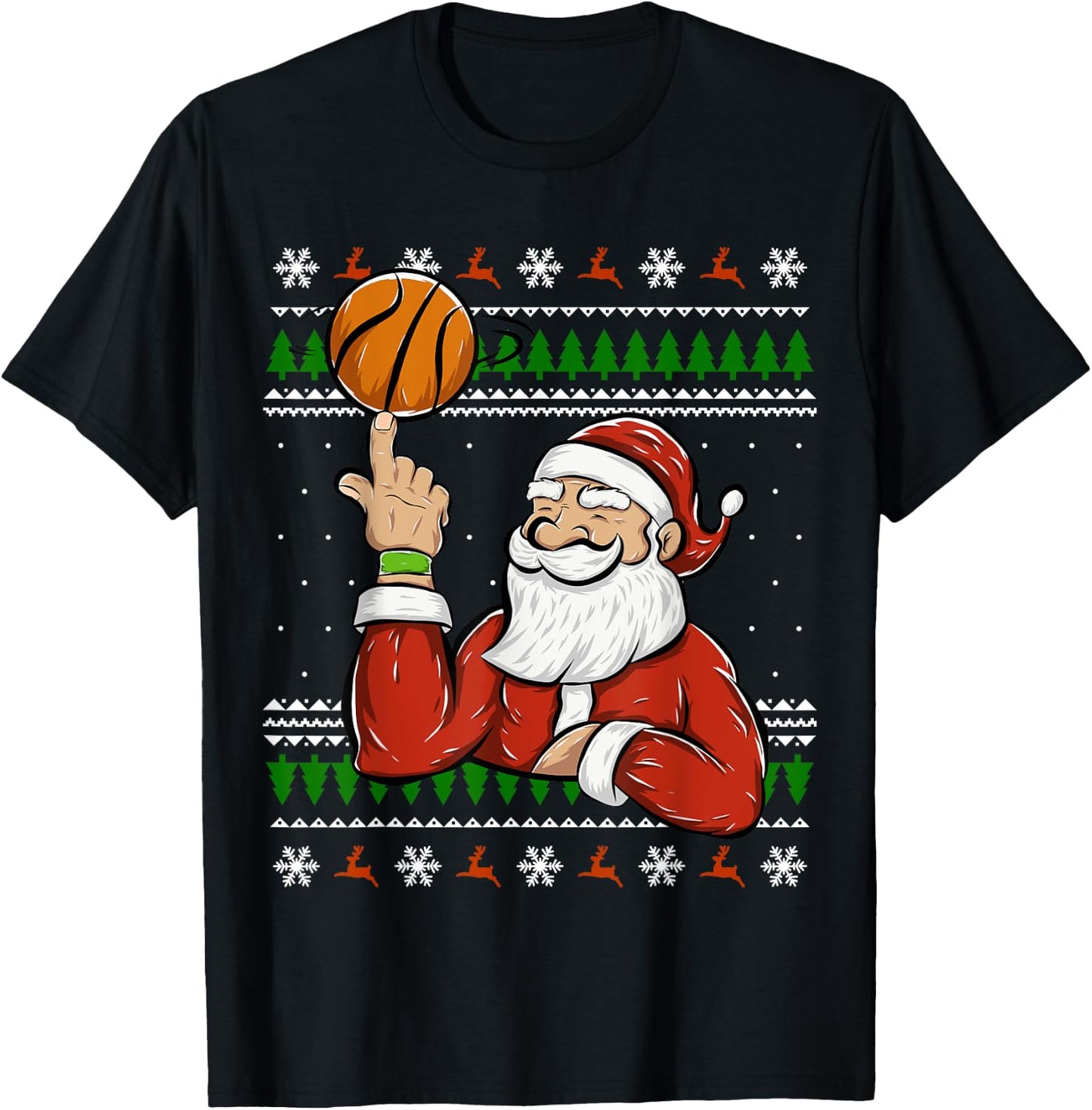 Santa Playing Basketball | Christmas Ugly Sweater T-Shirt - T-Shirt | Black