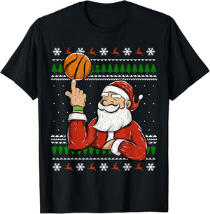 Santa Playing Basketball | Christmas Ugly Sweater T-Shirt - T-Shirt | Black