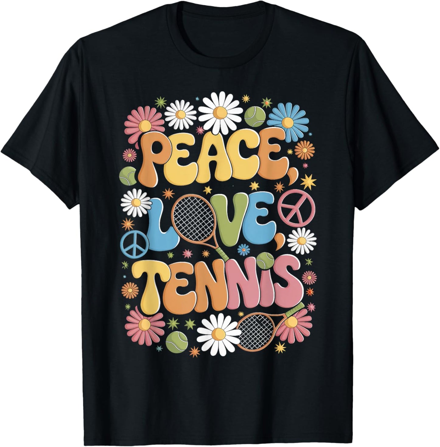 Peace Love Tennis 60s 70s Hippie Retro Tennis player T-Shirt - T-Shirt | Black