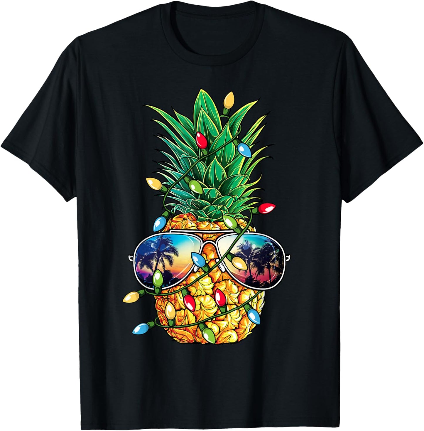 Pineapple Christmas Tree Lights Xmas Women Boys Sunglasses T-Shirt - T-Shirt | Black