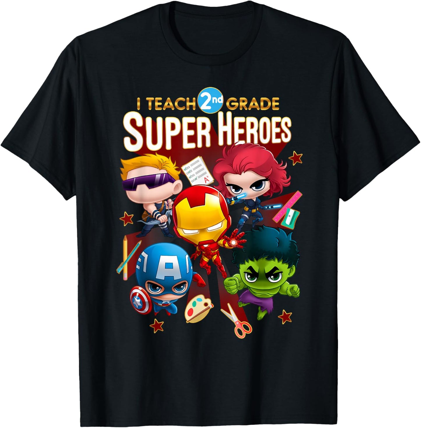 Marvel Group Shot I Teach 2nd Grade Super Heroes T-Shirt - T-Shirt | Black