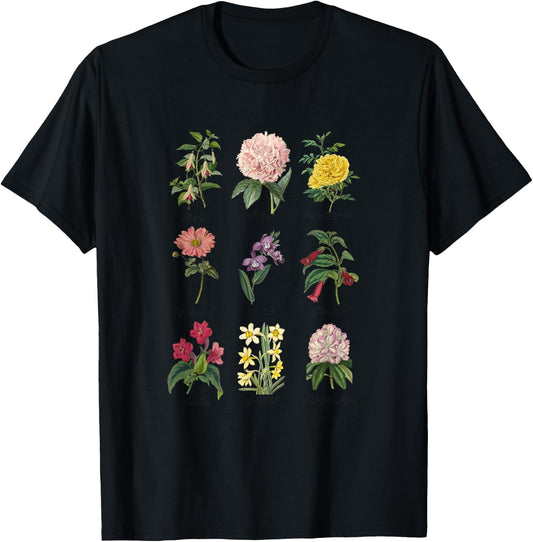 Vintage Botanical Floral Flower , White T-Shirt - T-Shirt | Black