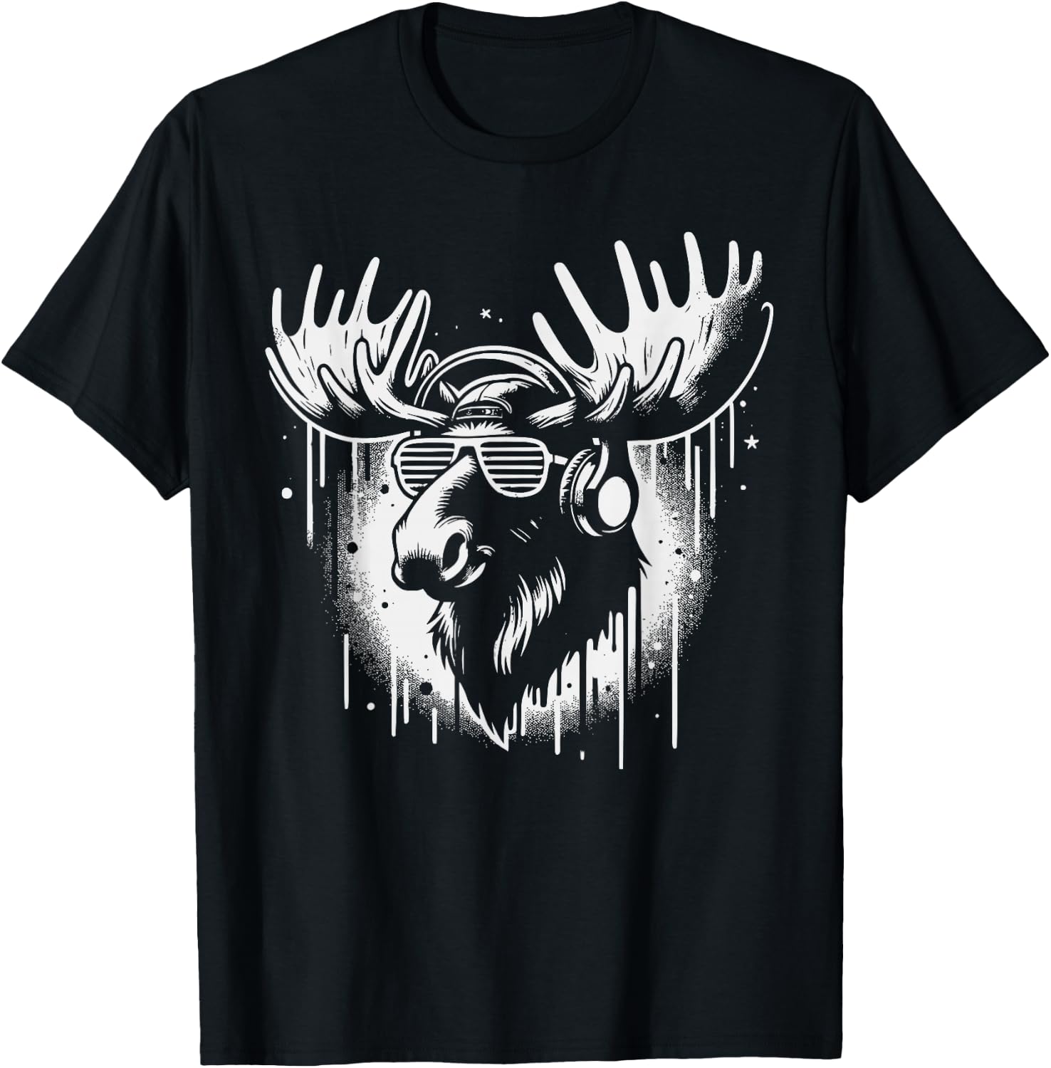 Cool Moose with Headphones - Edgy Moose T-Shirt - T-Shirt | Black