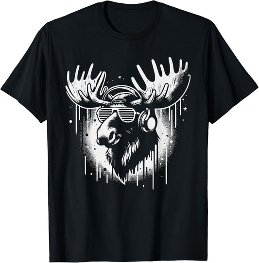 Cool Moose with Headphones - Edgy Moose T-Shirt - T-Shirt | Black