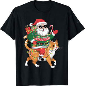 Merry Christmas Santa Claus Riding Cat Funny Christmas T-Shirt - T-Shirt | Black