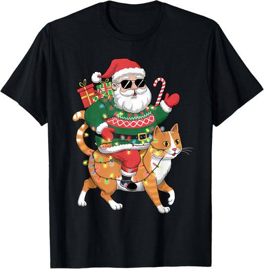 Merry Christmas Santa Claus Riding Cat Funny Christmas T-Shirt - T-Shirt | Black
