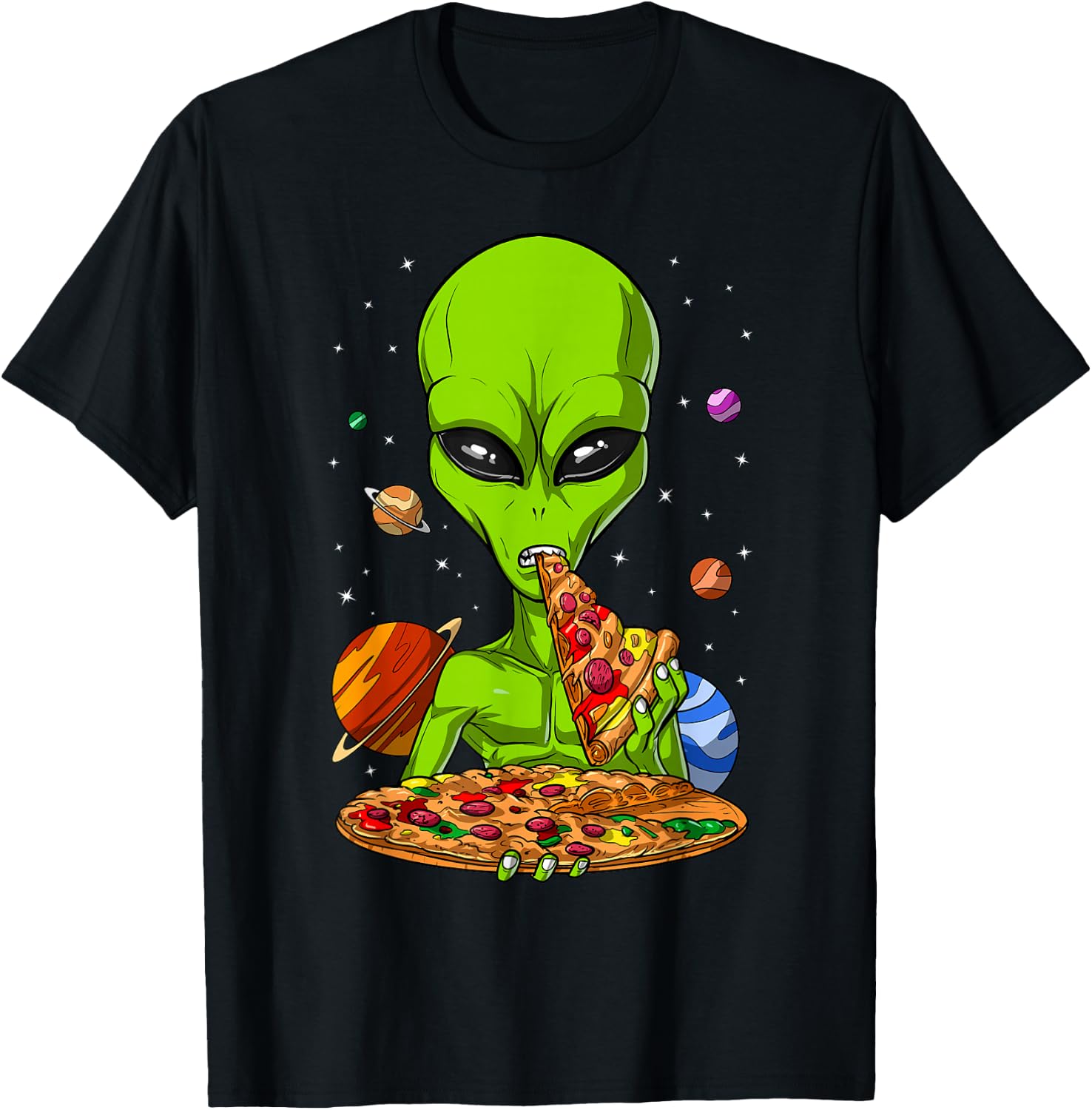 Space Alien Eating Pizza Funny Pizza Lover T-Shirt - T-Shirt | Black