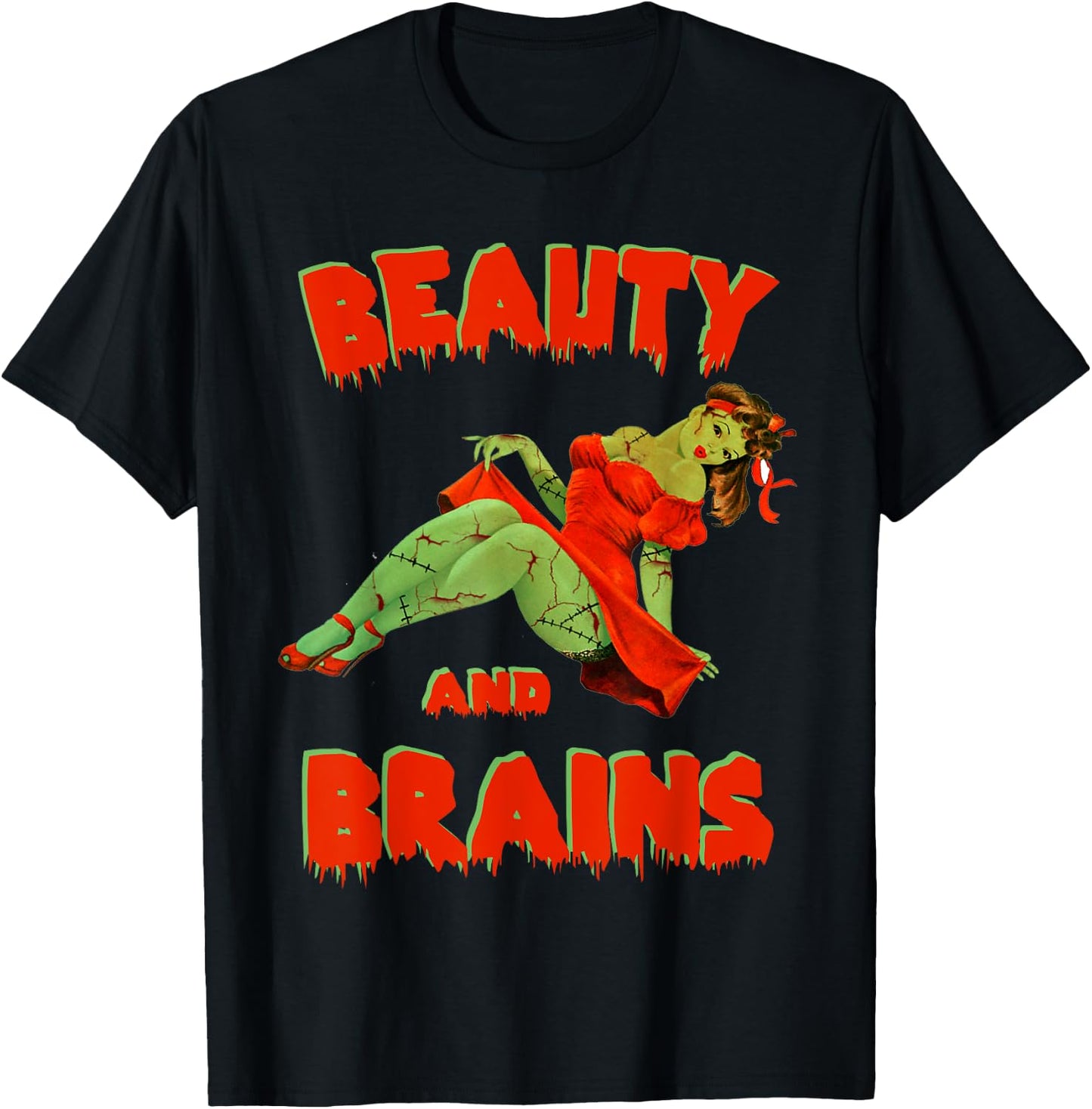 Zombie Pin Up Girl Halloween Beauty Brains Model Cute T-Shirt - T-Shirt | Black