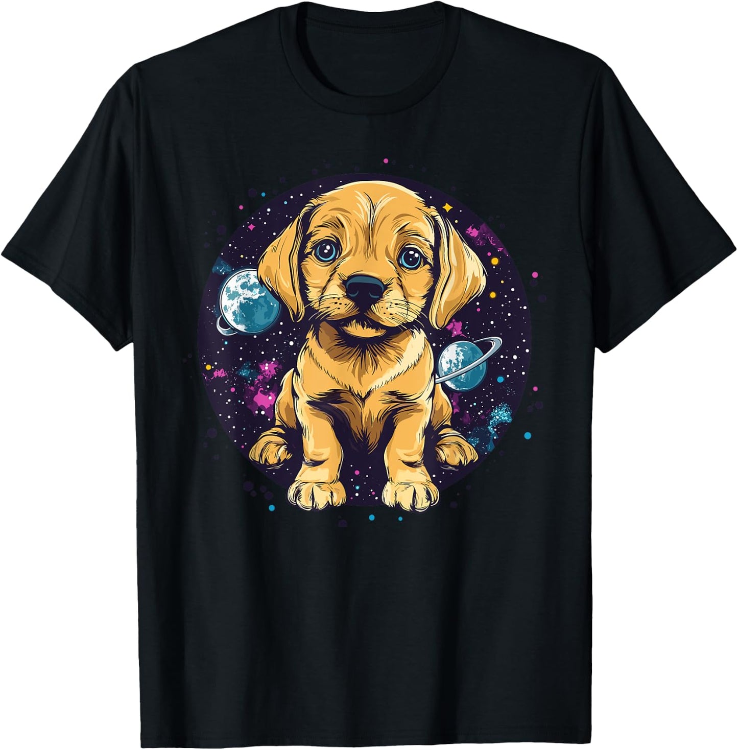 Puppy In Space Cute Cosmic Adventure T-Shirt - T-Shirt | Black