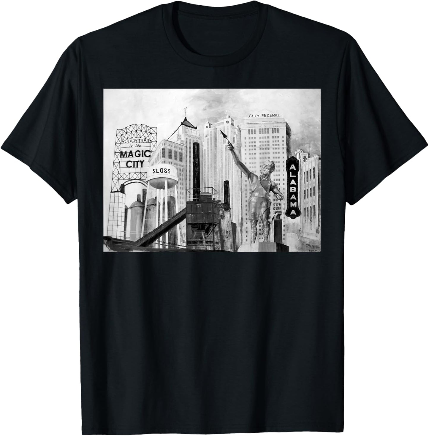 Landmarks of Birmingham, Alabama incl Vulcan, Sloss Furnaces T-Shirt - T-Shirt | Black