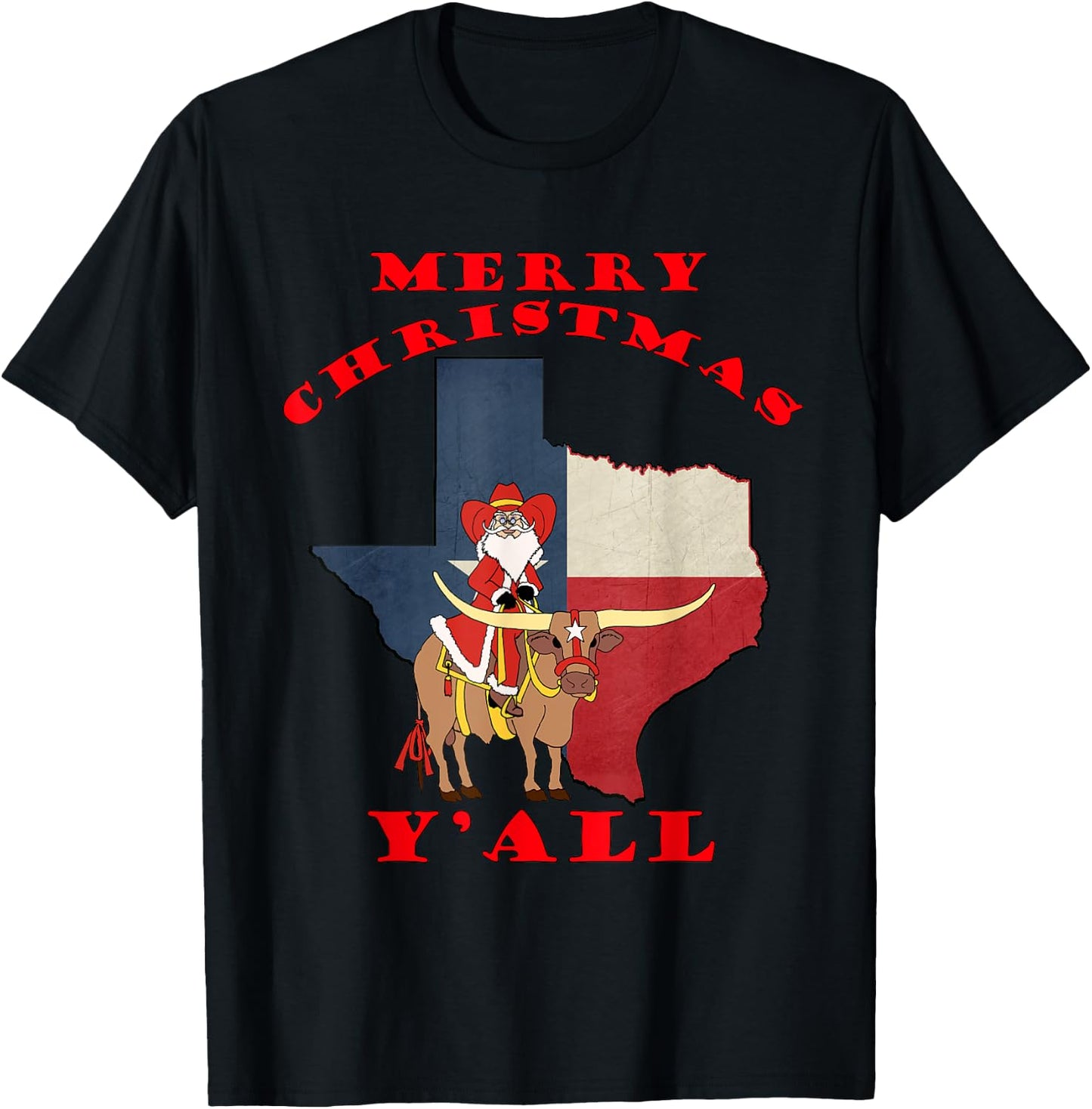 Texas Merry Christmas Y'all Santa On Bull Design T-Shirt - T-Shirt | Black