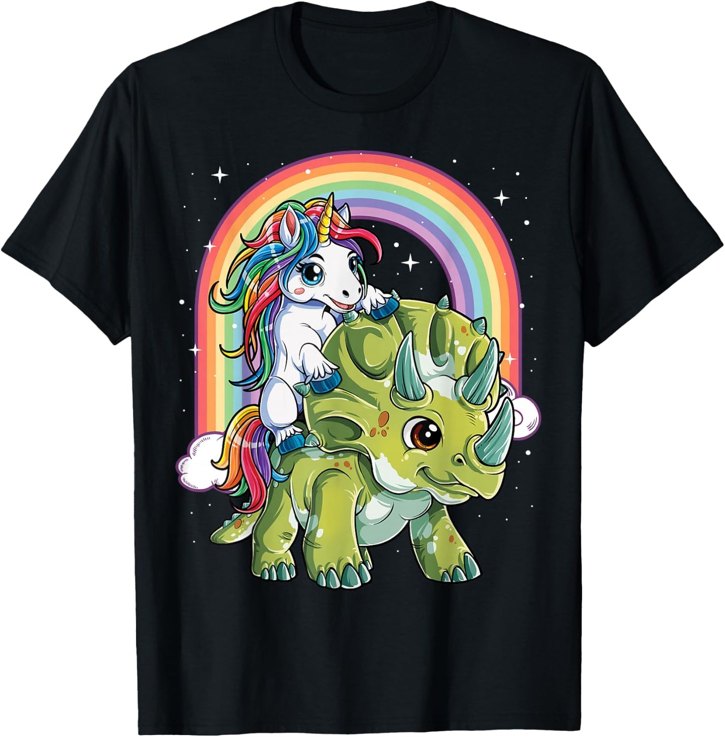 Unicorn Riding Dinosaur Triceratops Funny Boys Girls Rainbow Small T-Shirt - T-Shirt | Black