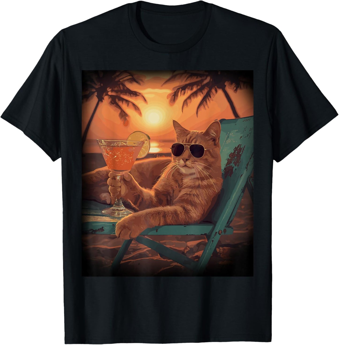 Chillin Cat Vacation Sun Glasses Beach Palm Tree T-Shirt - T-Shirt | Black