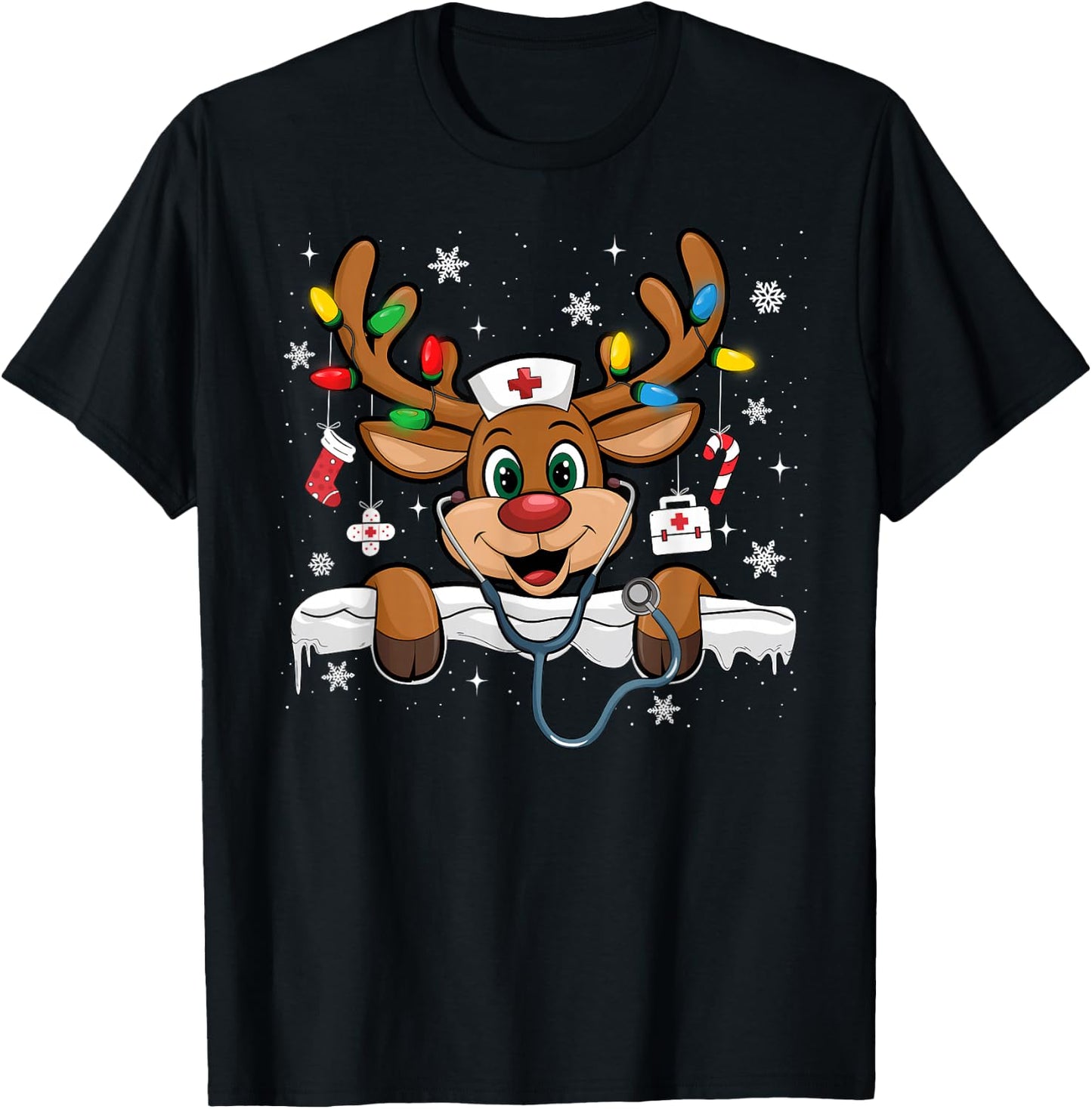 Nurse Christmas Reindeer Nursing NICU RN LPN Scrub T-Shirt - T-Shirt | Black