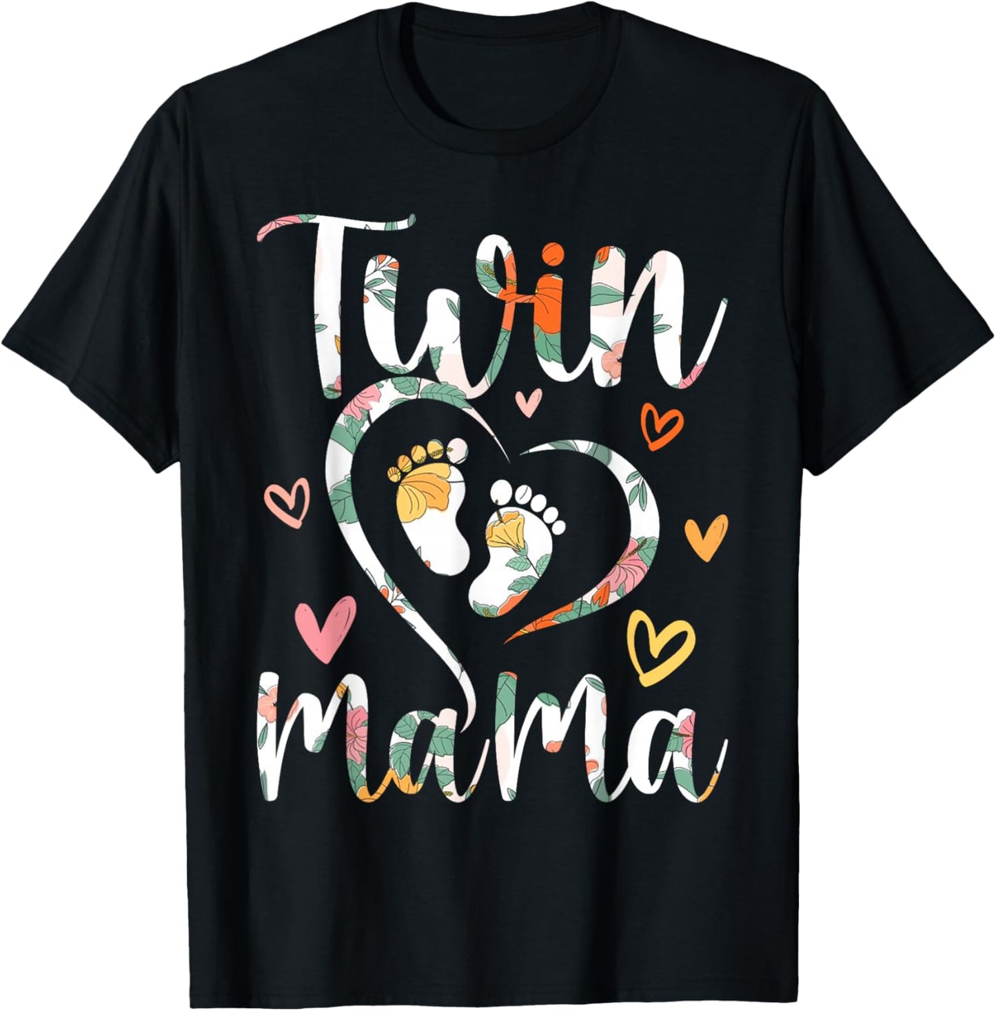 Floral Twin Mama Mom to Be Pregnant with Twins T-Shirt - T-Shirt | Black