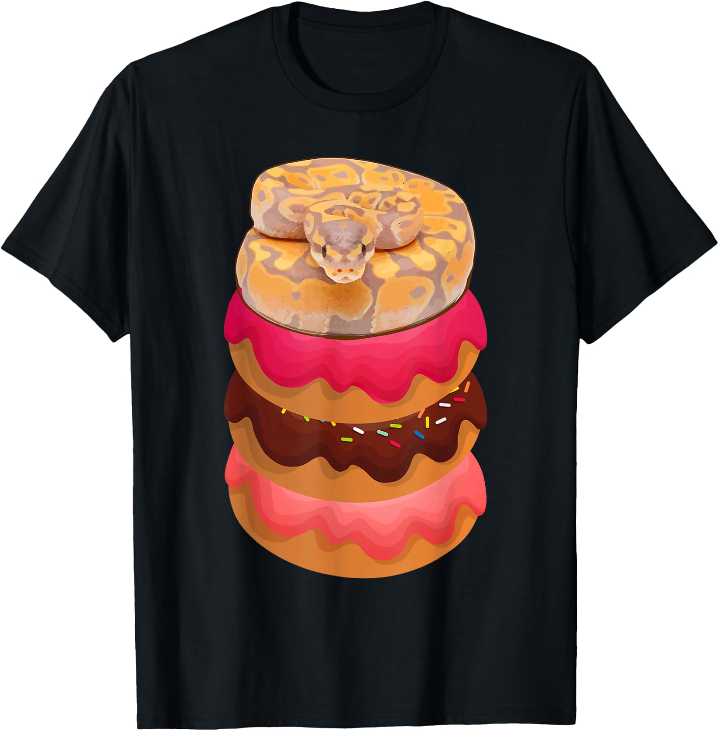 Ball Python Snake Reptile on Doughnuts Donuts Herpetologists T-Shirt - T-Shirt | Black