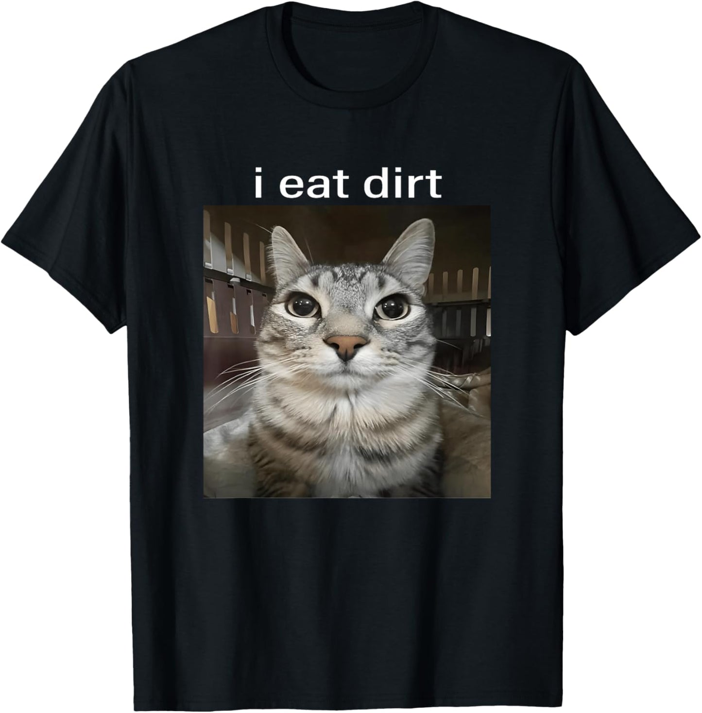 I Eat Dirt Staring Cat Funny Cursed Meme Brainrot Silly T-Shirt - T-Shirt | Black