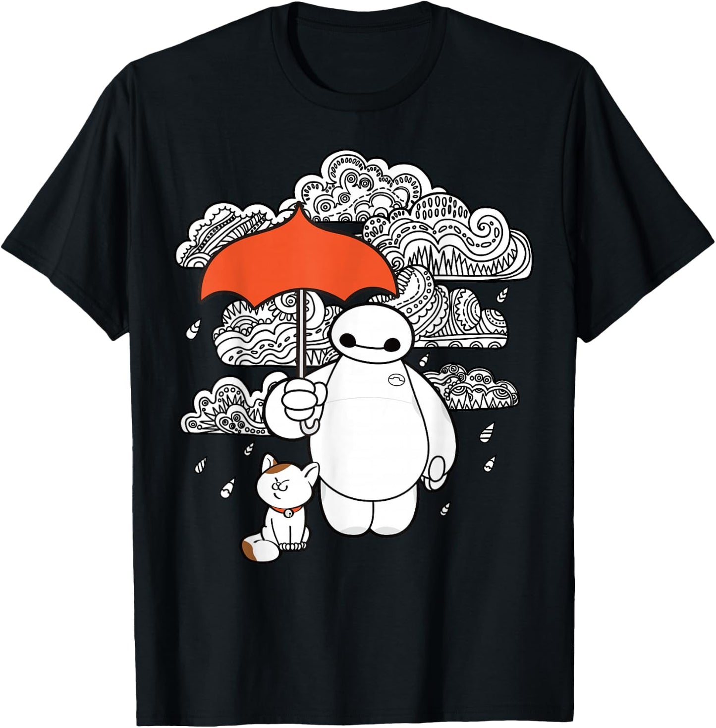 Disney Big Hero 6 Baymax Patterned Rain Clouds Portrait T-Shirt - T-Shirt | Black