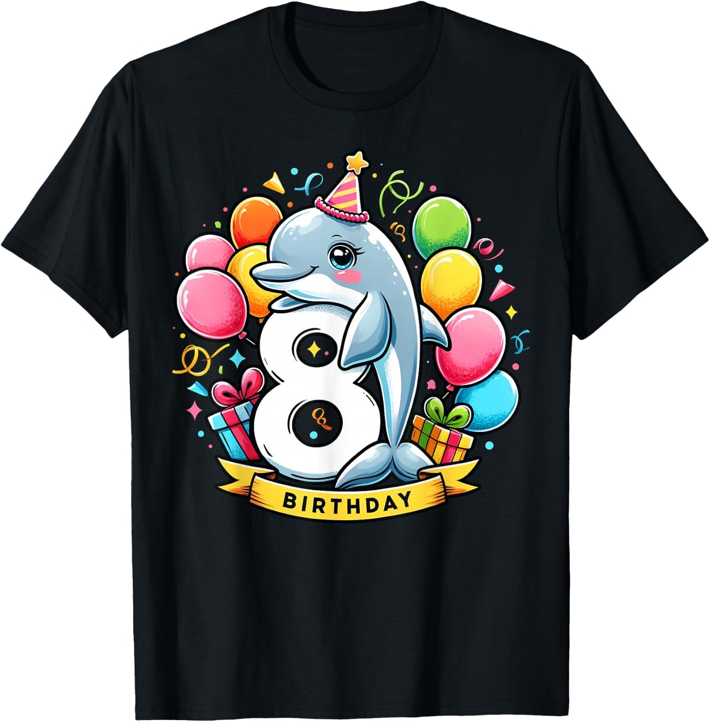 Dolphin 8th birthday boy girl 8 years old eight Dolphin T-Shirt - T-Shirt | Black