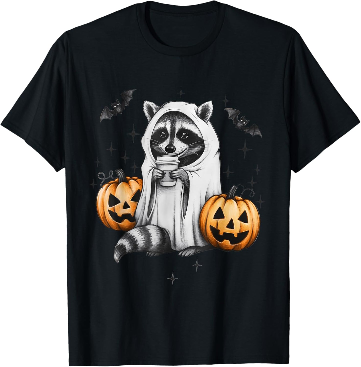 Cute Ghost Raccoon Pumpkin Halloween Raccoon T-Shirt - T-Shirt | Black