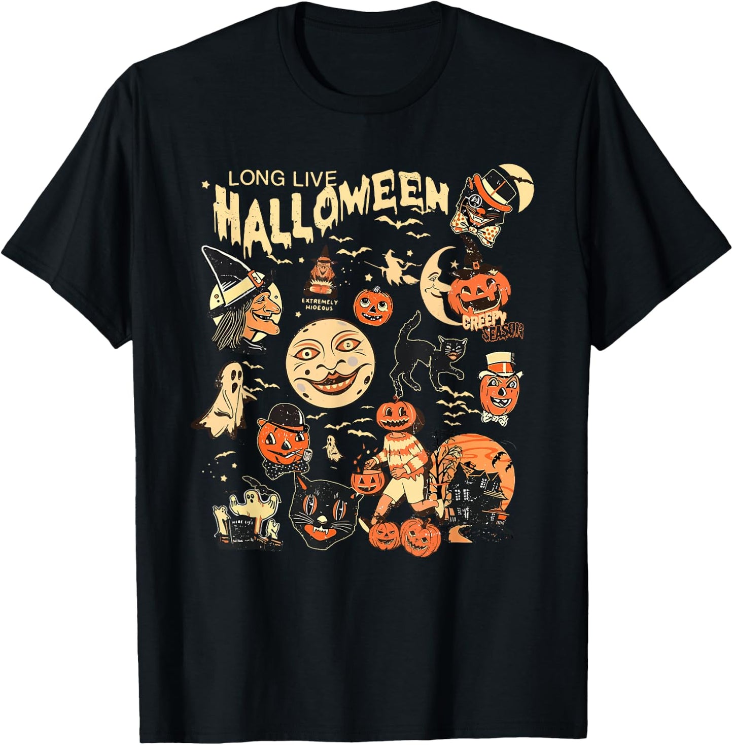 Long Live Halloween Funny Pumpkin Bat Halloween Black Cat T-Shirt - T-Shirt | Black