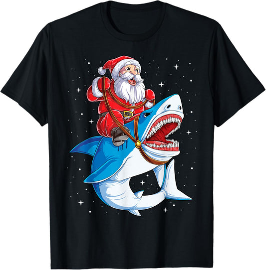 Santa Claus Riding Shark Christmas Boys Merry Sharkmas Xmas T-Shirt - T-Shirt | Black