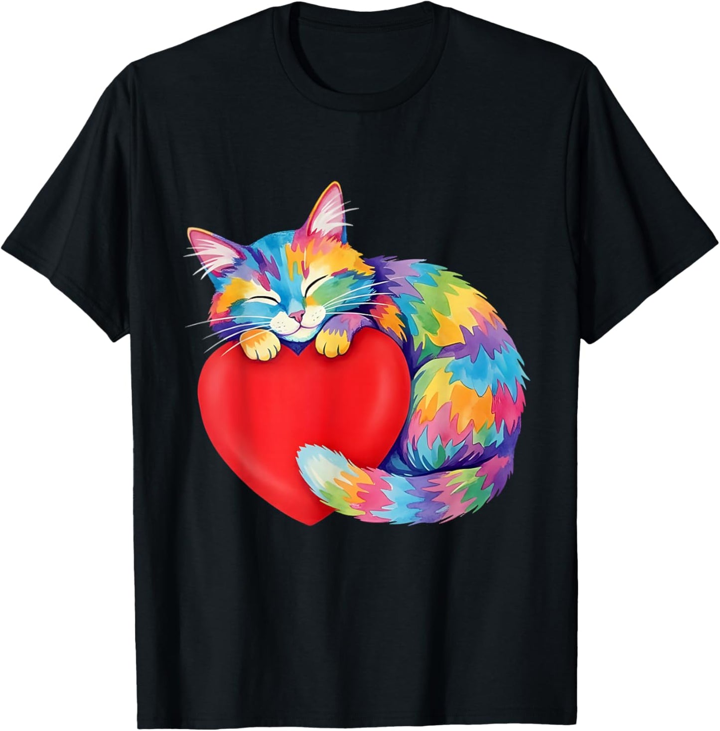 Color Rainbow Cute Cat Hug Valentine Heart Kitten Love T-Shirt - T-Shirt | Black