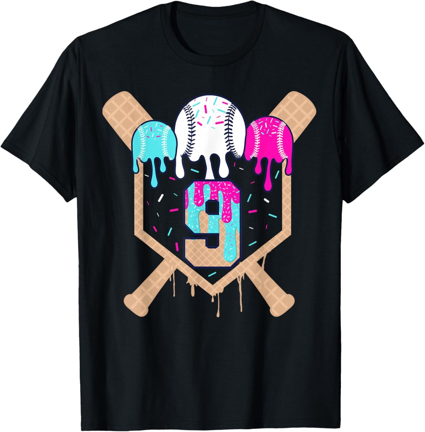 Baseball 9 Year Old Ice Cream Drip 9th Birthday Boy Number 9 T-Shirt - T-Shirt | Black