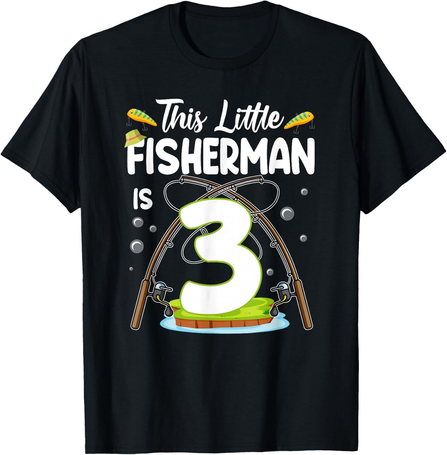 This Little Fisherman Is 3 Year Old Birthday 3rd Fishing T-Shirt - T-Shirt | Black