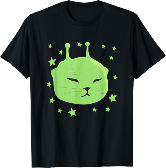 Alien Cat Meme Y2K Spaceship Space Kitty Silly Brainrot T-Shirt - T-Shirt | Black