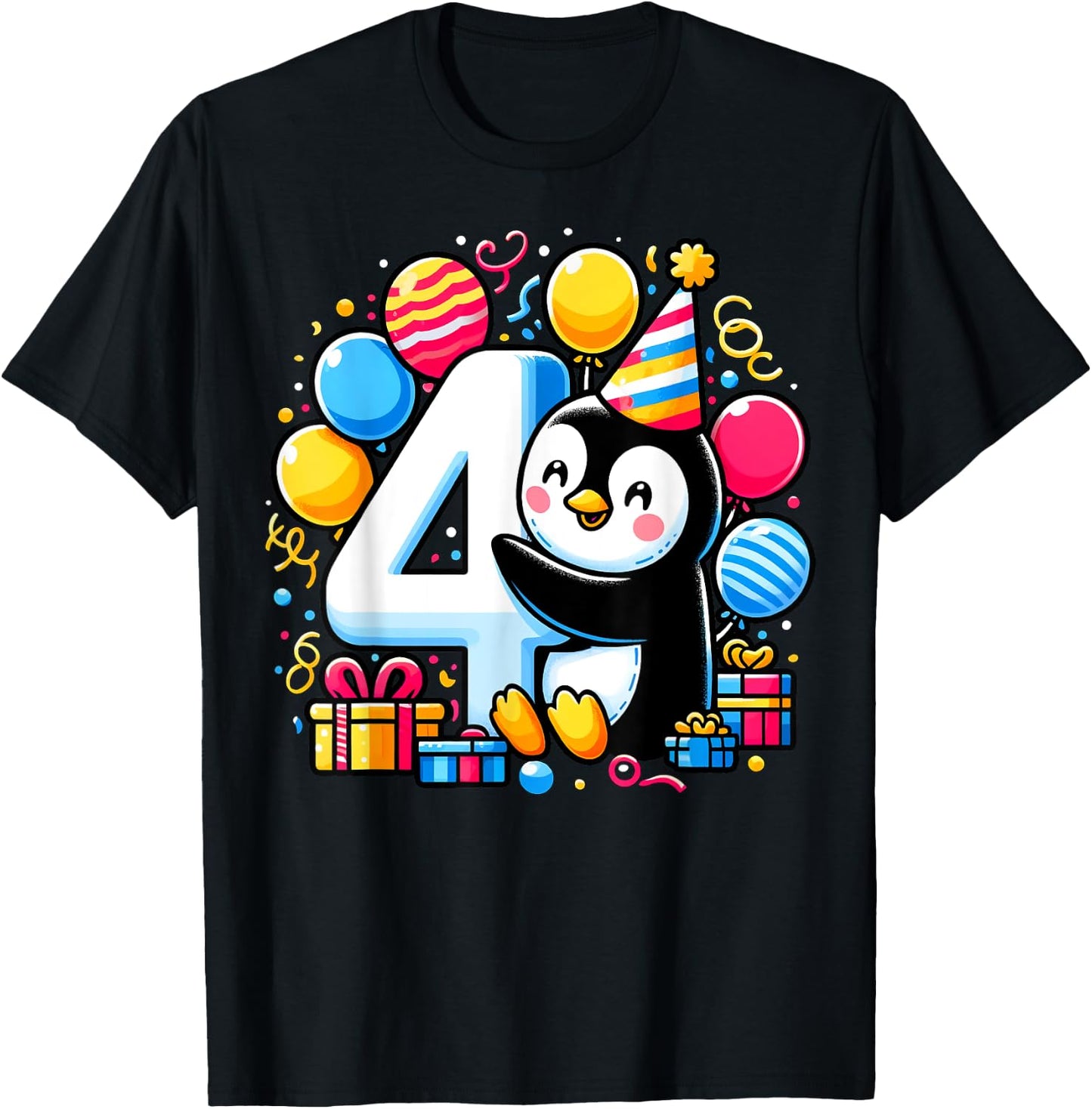 Penguin 4th birthday boy girl 4 year old fourth four Penguin T-Shirt - T-Shirt | Black