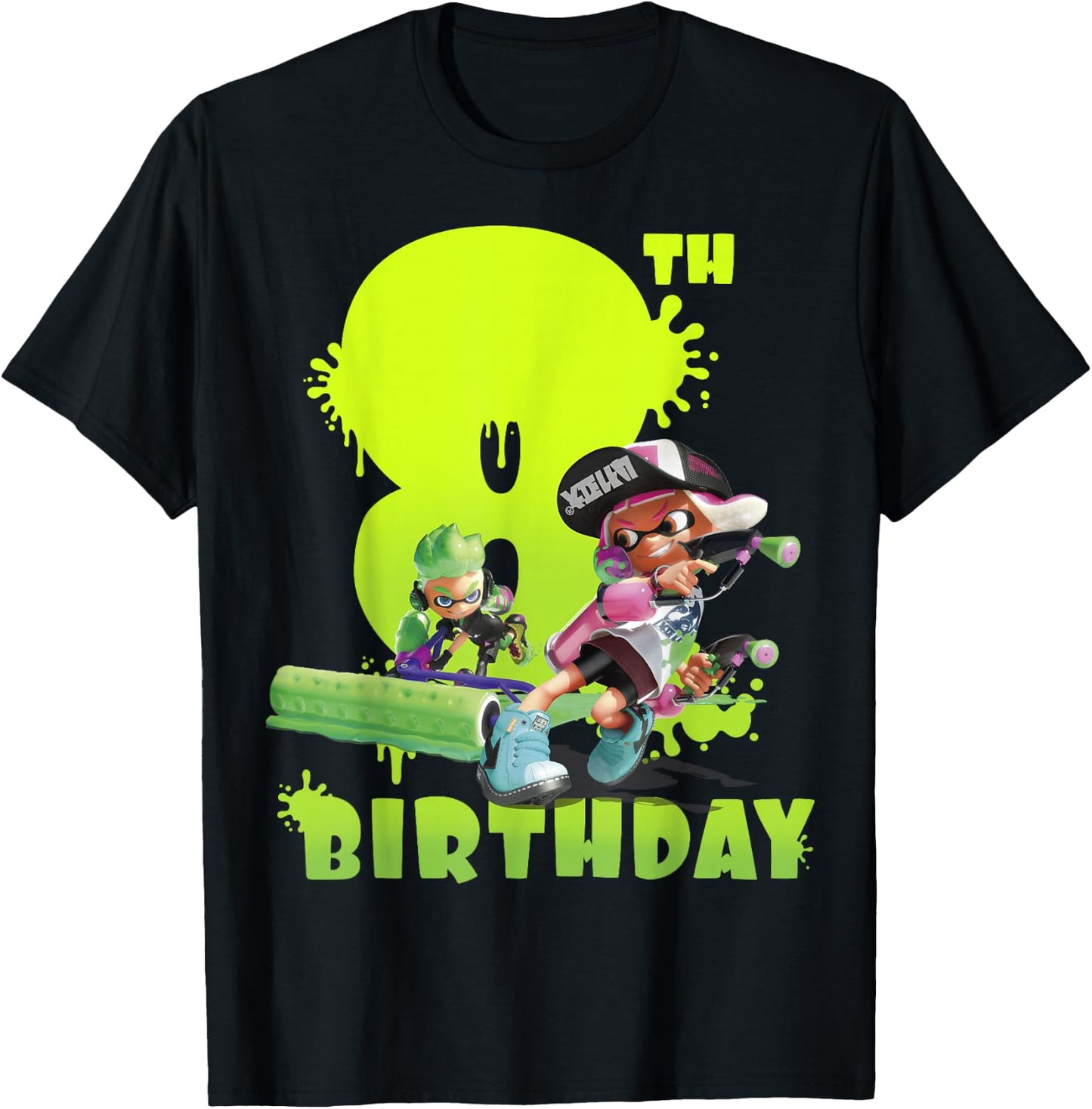 Splatoon Inkling 8th Birthday Green Splatter Portrait T-Shirt - T-Shirt | Black