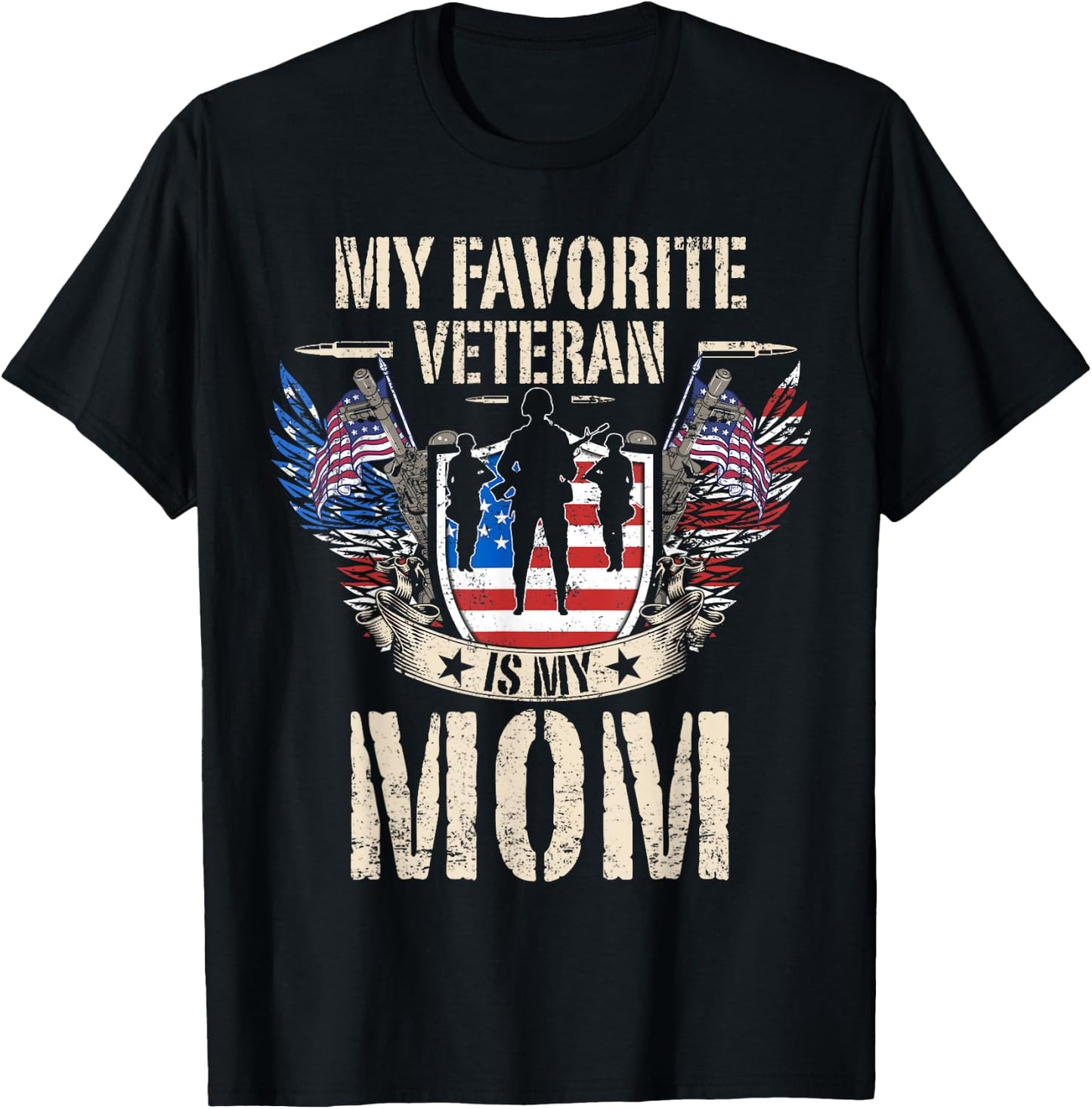 My Favorite Veteran Is My Mom Usa Flag Vintage Men Women T-Shirt - T-Shirt | Black