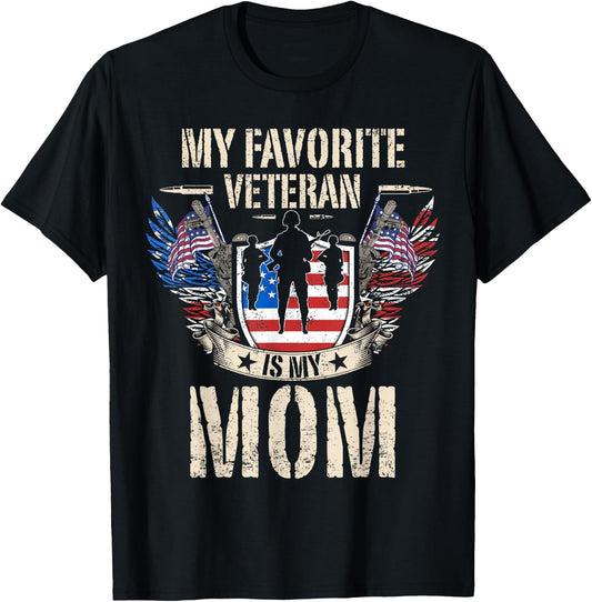My Favorite Veteran Is My Mom Usa Flag Vintage Men Women T-Shirt - T-Shirt | Black