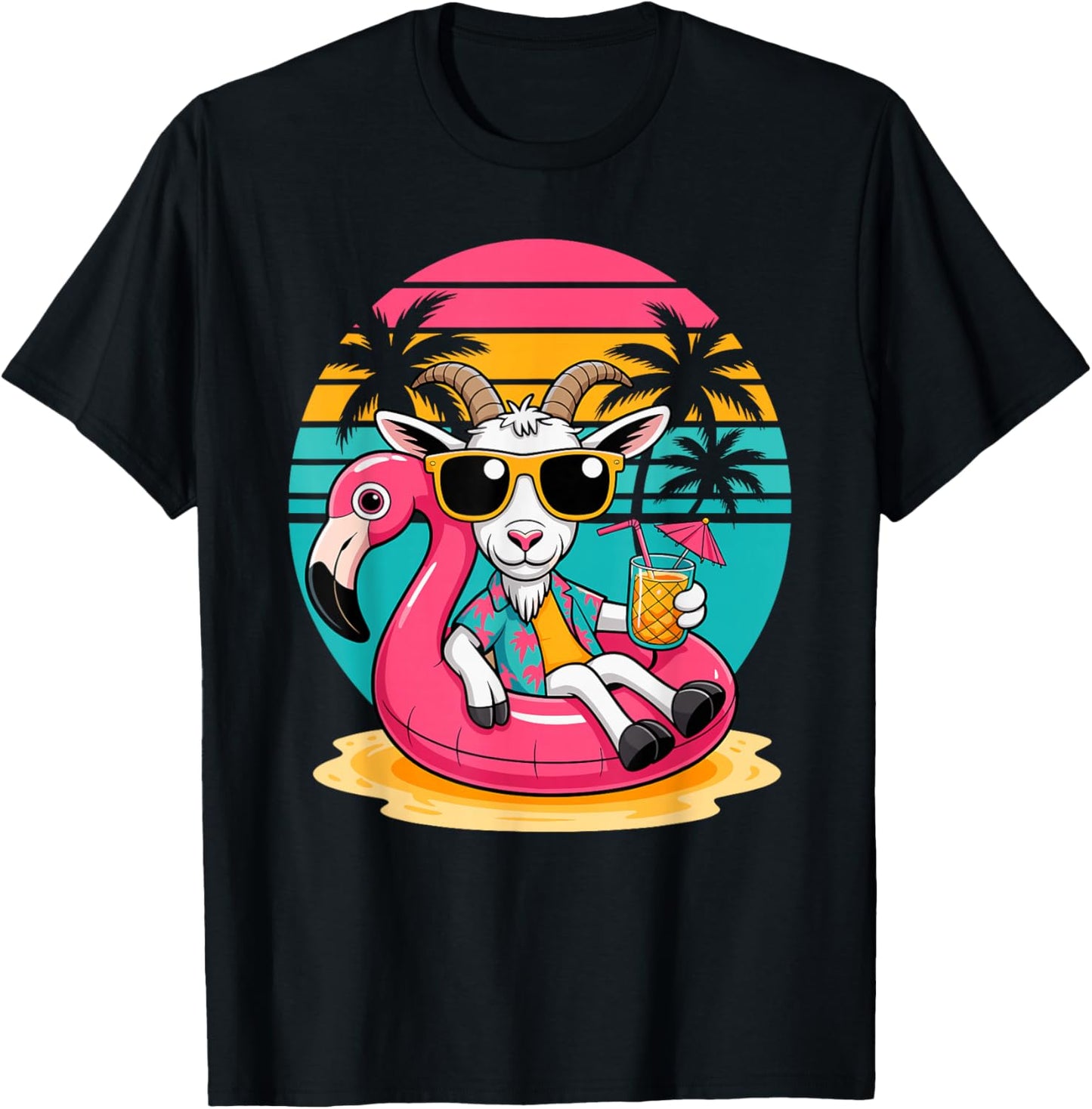 Goat Sunglasses Beach Summer Vacation Pool Float Flamingo T-Shirt - T-Shirt | Black