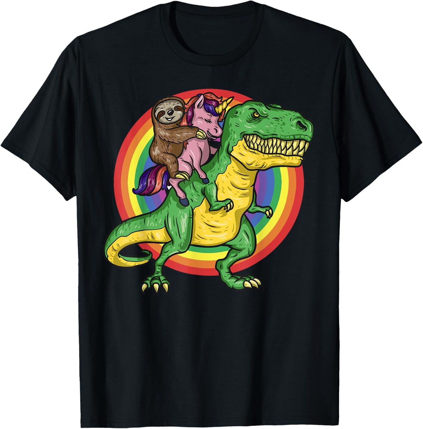 Sloth Unicorn Riding Trex Dinosaur Animal Lover Kids Gift T-Shirt - T-Shirt | Black