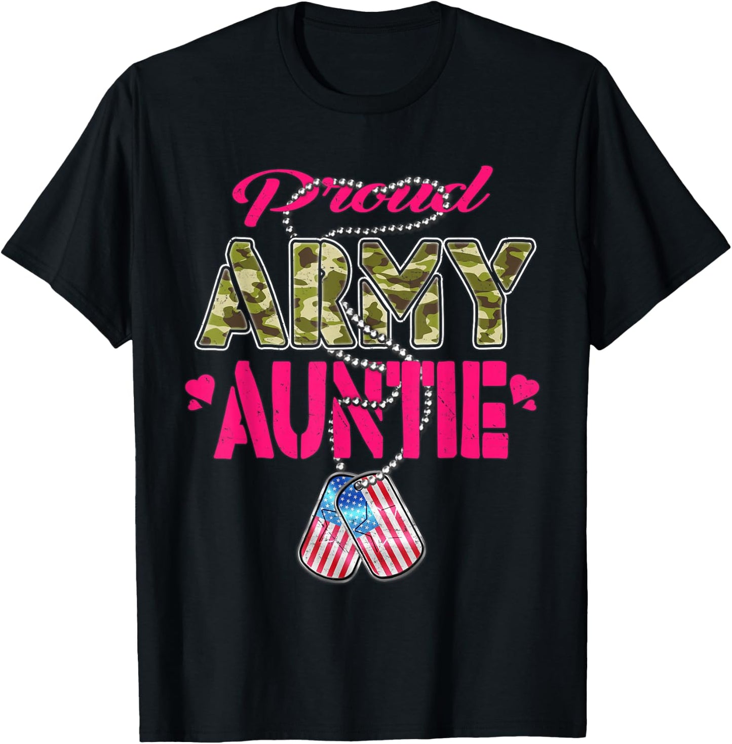 Proud Army Auntie Camo US Flag Dog Tags Pride Military Aunt T-Shirt - T-Shirt | Black