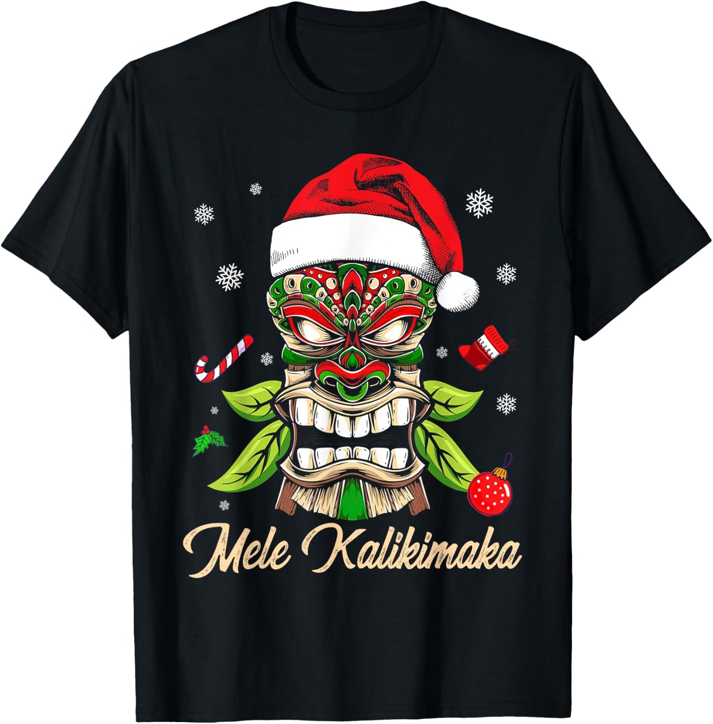 Tiki Mele Kalikimaka Hawaiian Merry Christmas Funny Gift T-Shirt - T-Shirt | Black