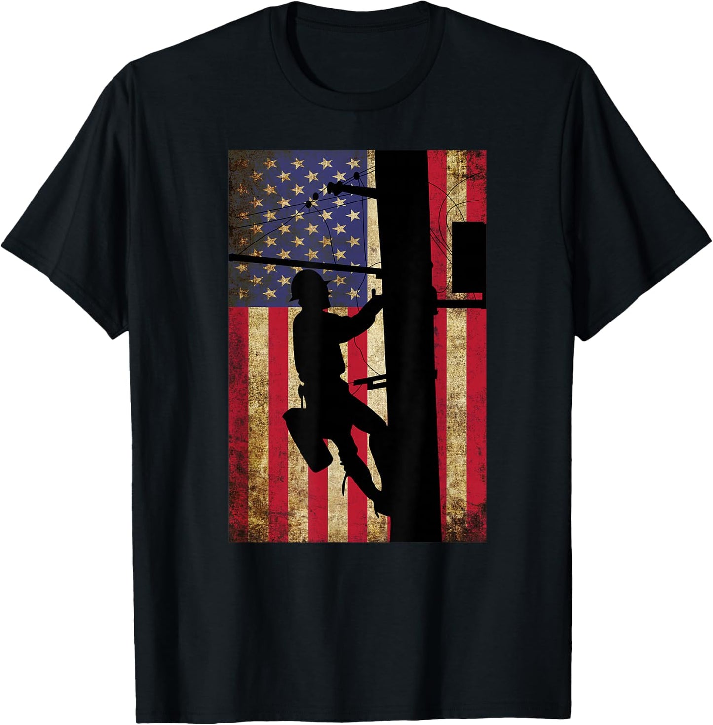 Lineman American Flag Shirt | Electric Cable Lineman Gift T-Shirt - T-Shirt | Black