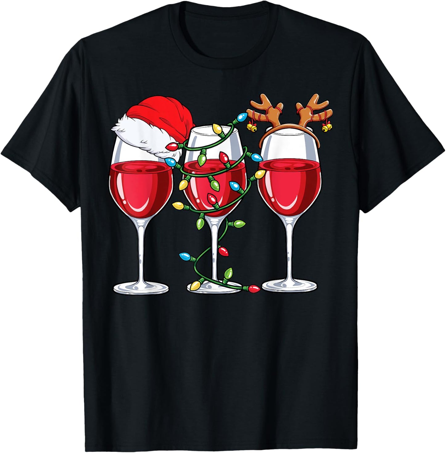 Wine Christmas Santa Hat Xmas Lights Reindeer Antlers Women T-Shirt - T-Shirt | Black
