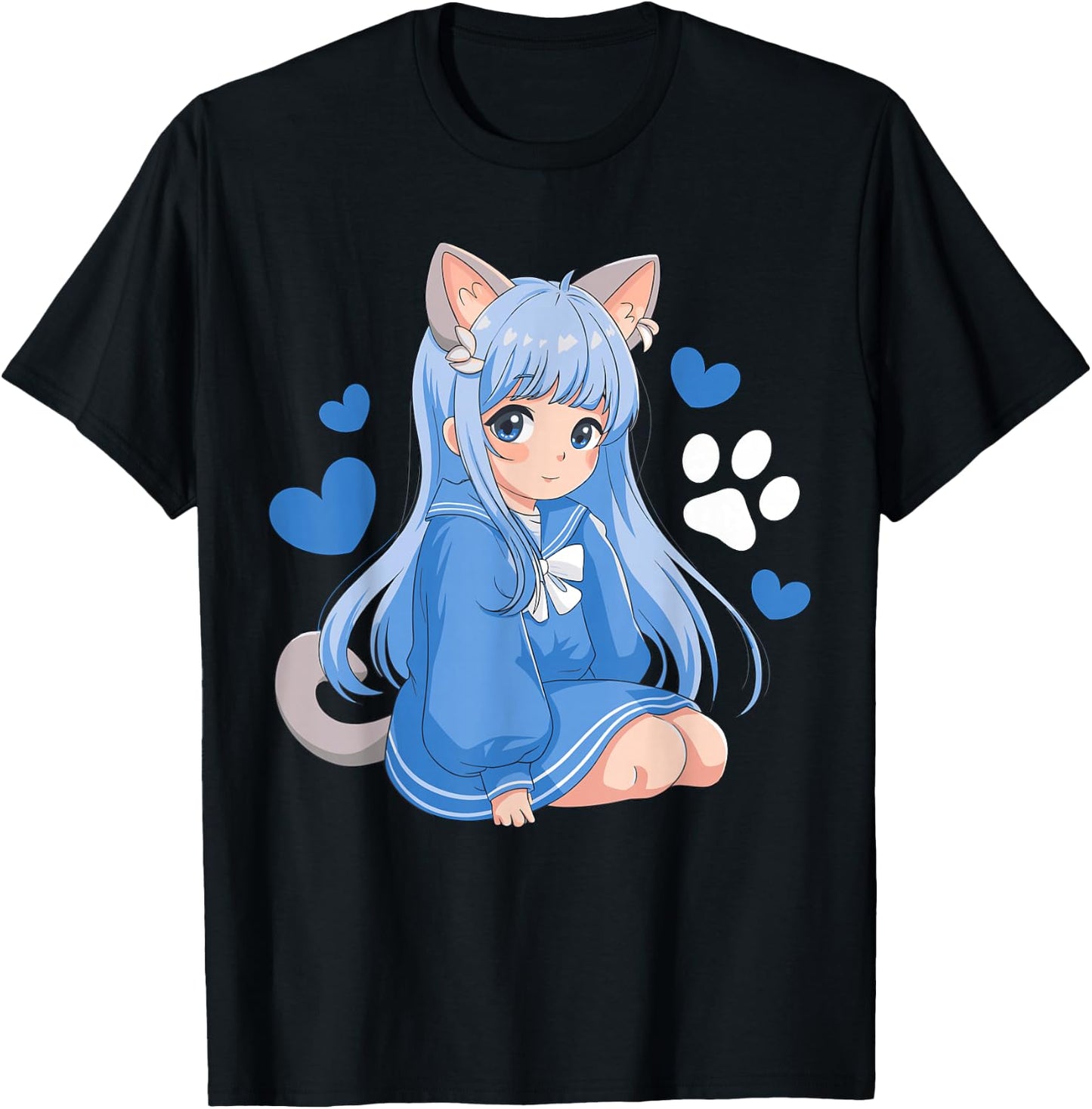 Magical and Funny Anime Girl Gifts -Kids Anime Cat Girl Black Small Classic Fit Short Sleeve Cotton Blend T-Shirt - T-Shirt | Black