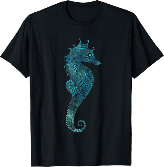Turquoise Seahorse Ocean Design T-Shirt - T-Shirt | Black