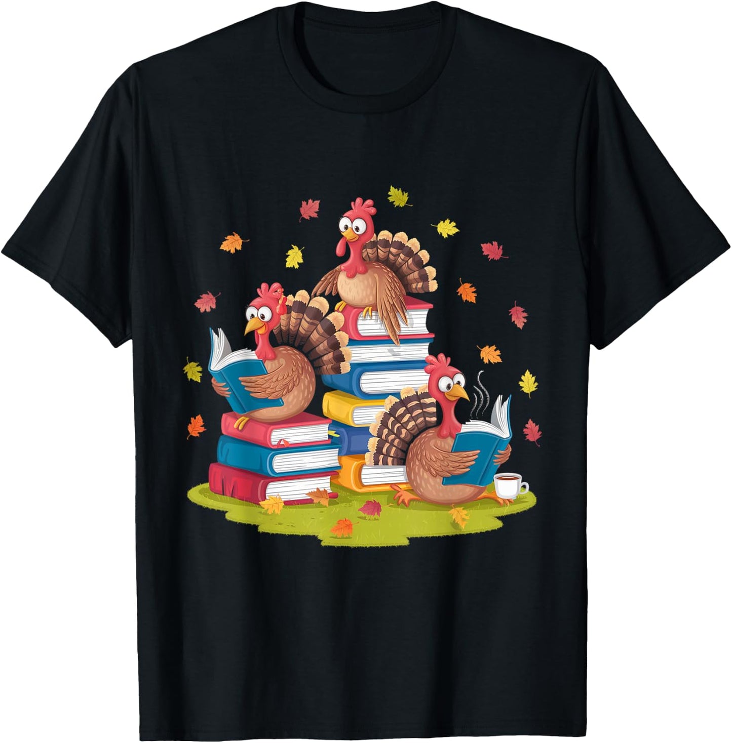 Turkey Reading Books Fall Season Thanksgiving Teacher Book T-Shirt - T-Shirt | Black